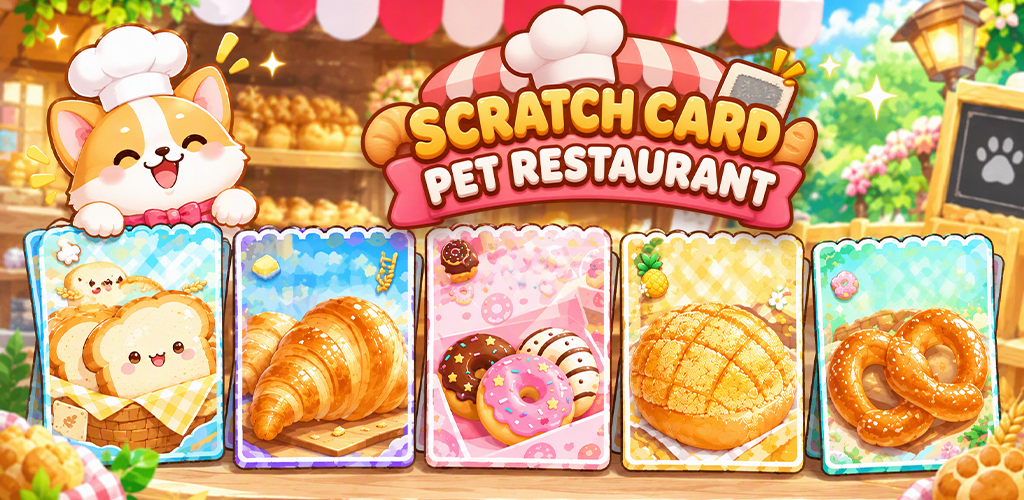 Scratch Card Pet Restaurant game artwork showing animal chefs and scratch cards